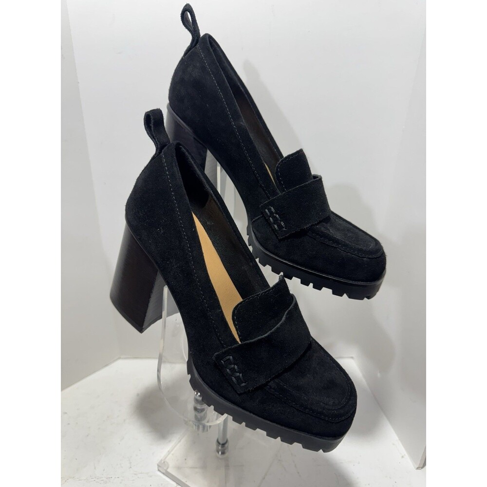 Crown Vintage Suede Leather Black Size 6 Chunky Heel Loafer